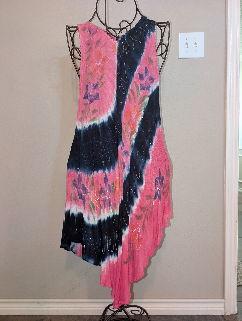 True Rock Pink and Navy Hand-Dyed Floral Asymmetric Crinkle Dress